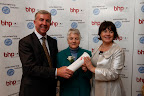 Mary Carmel O'Donoghue, awardee in the Children & Young People category from The Blue Box Creative Learning Centre, Limerick (centre) with Mark Phelan, Managing Director of BHP Insurances (left) and Elaine Bradley, CEO of Volunteering Ireland (right) at the Ireland InVOLved Awards 2008 held in the Shelbourne Hotel, Dublin.
