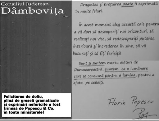 Felicitarea de doliu, plina de greseli gramaticale si exprimari nefericite a fost trimisa de Popescu & Co. în toate ministerele! Felicitarea de doliu, plina de greseli gramaticale si exprimari nefericite a fost trimisa de Popescu & Co. în toate ministerele!