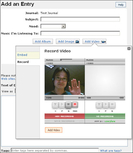 Record video blog entries directly from your webcam