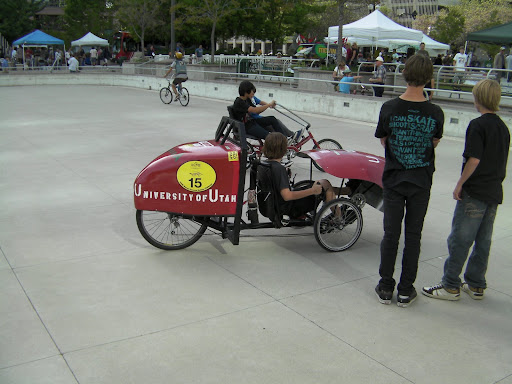 This bike was a big hit with the kids. It was built by a recent mechanical engineering student for his senior project. The bike cost them about $1,500 to build. I was impressed that they formed the shell themselves out of fiberglass.