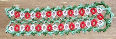 Tatted bookmark in red, green, and white
