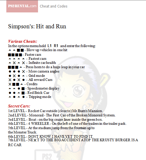 Simpson Hit and Run ,playstation 2 cheat code reviews features