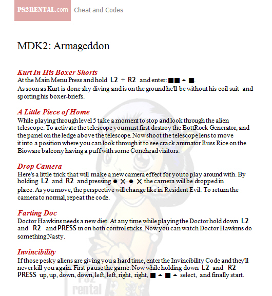 MDK 2 Armageddon ,playstation 2 cheat code reviews features