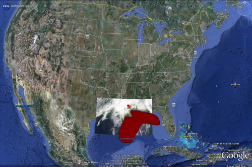 Overlay of NASA satellite photo of Gulf oil slick taken May 1st, 