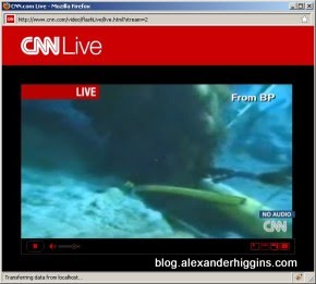 Screenshot of BP Live Video Feed Webcam of Gulf Oil Spill as gusher of oil spews from main leak pipe.