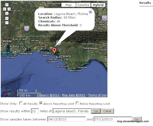 No EPA Water Samples Above Threshold Levels Within 10 Miles Of Laguna Beach, Florida Up Until 7/13/2010