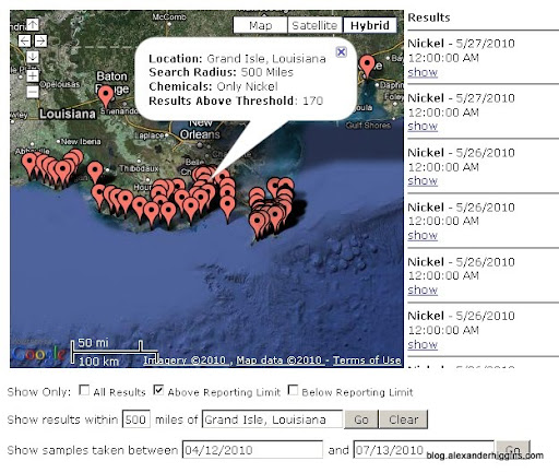 170 EPA Water Samples Above Threshold Levels For Nickel Contamination Across Entire Gulf Of Mexico Up Until 7/13/2010