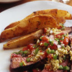 Strip Steaks with Salsa, Roasted Potato Wedges and Hearts of Palm Salad