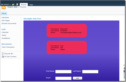 The Silverlight application running inside SharePoint The Silverlight application running inside SharePoint