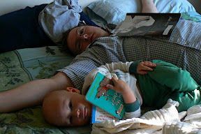 Daddy and Nathan relax and read the new issue of Wired magazine.