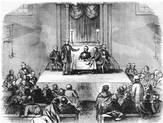 A Meeting of the American Colonization Society. This nineteenth-century engraving depicts a meeting in Washington, D.C., of the American Colonization Society, formed in 1817 by prominent Americans to promote the repatriation and settlement of free blacks in Africa. 