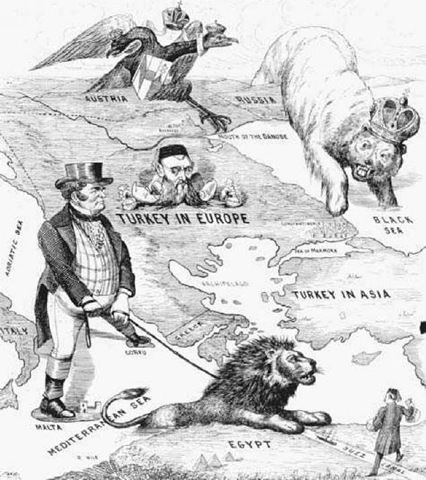 The Plight of Turkey. This cartoon, printed around 1900, shows the position of Turkey relative to Europe and its colonies in the Middle East at the turn of the century. Turkey is surrounded by Austria, depicted as an eagle with two heads; Russia, seen as a crowned bear; and Britain, shown as a rotund man straddling Corfu and Malta and restraining Egypt, a lion, with a leash. 