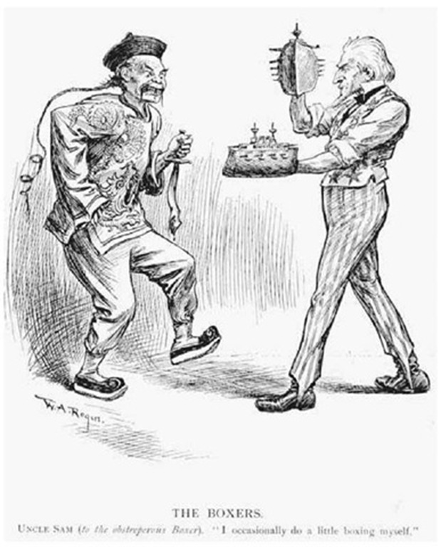 Uncle Sam Meets the Boxer. This cartoon by William A. Rogers appeared in Harper's Weekly in June 1900. In Rogers's drawing, Uncle Sam dons boxing gloves in the form of battleships, and challenges a caricatured Chinese man to a match. The cartoon advocates a forceful military response to the Boxer Uprising. 