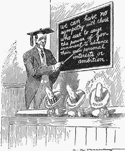 Woodrow Wilson, The School Teacher. This cartoon, published in the United States in 1914, comments on the role adopted by the U.S. government in the affairs of Latin American countries during the early twentieth century. In particular, the cartoonist calls attention to American efforts to promote democracy in Mexico, Venezuela, and Nicaragua. the granger 