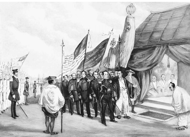 Commodore Perry Meets the Japanese Royal Commissioner. Commodore Matthew Perry of the U.S. Navy meets the royal commissioner at Yokohama, Japan, in 1853. Perry concluded the United States-Japan Friendly Treaty in 1854, ending Japan s longstanding isolationist policy and giving the United States preferential status as a trading partner. 