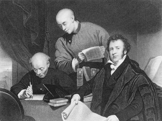 Robert Morrison (1782-1834). The Scottish missionary Robert Morrison (right), the first Protestant missionary in China, is shown in the early 1800s with Chinese assistants as they prepare Morrison's translation of the Bible. 