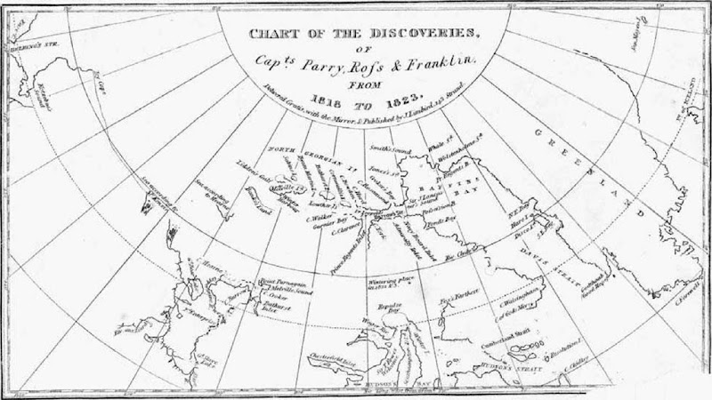 Chart of the Discoveries of Captains Perry, Ross, and Franklin. This map, drawn circa 1845, charts the discoveries in the Artic of the British explorers William Parry, John Ross, and John Franklin. An expedition led by Franklin in search of the Northwest Passage disappeared near King William Island around 1848. 