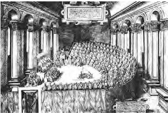 The Council of Trent, shown at work in this engraving, codified Roman Catholic positions on sex and marriage, including the prohibition of birth control. 