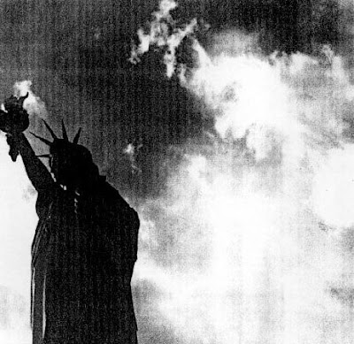 Satan in clouds looking down on the statue of liberty