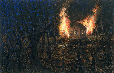 "Fire at Red Lake," 2002, oil on panel, 8"x12.25"