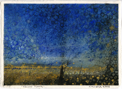 "Valley Floor," 2008, raw pigment, pastel, and gold leaf on handmade paper, 7"x9"