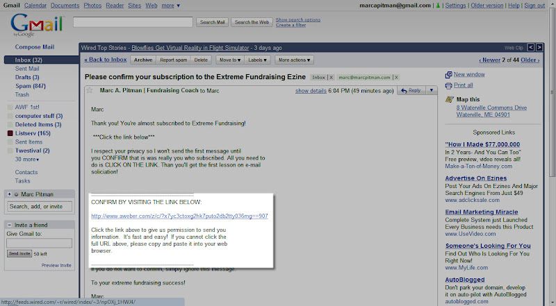 Confirming your Extreme Fundraising Ezine subscription with Aweber