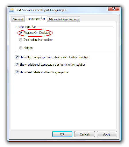 Windows Vista Language Bar Settings