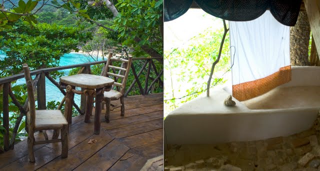 photo of shower and open air dining area on the deck at Great Huts boston bay