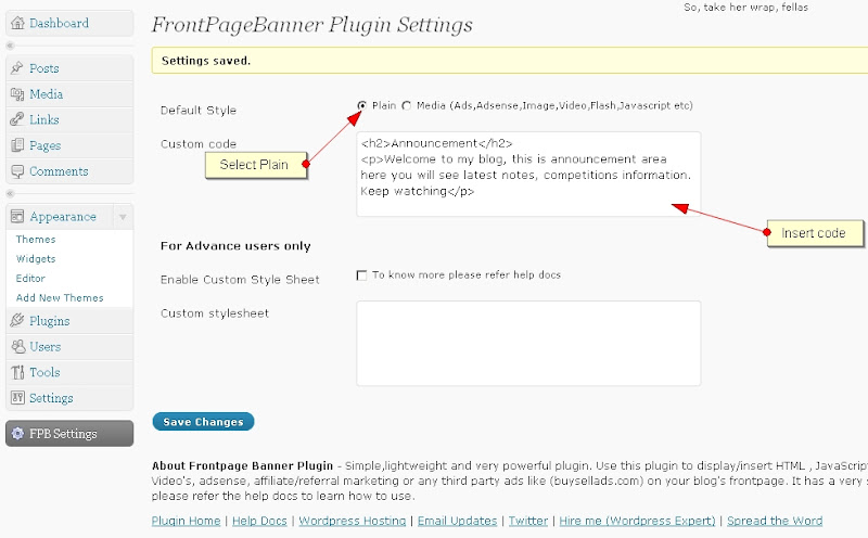 wpfpb announcement1 How to use WordPress Front Page Banner Plugin   [ Part 3   Configuration]