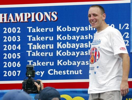 Joey Chestnut of San Jose who defeated six time champion Takeru Kobayashi of Japan  by eating a new world record of 66 hotdogs in twelve minutes at the 91st Annual Hot Dog Eating Contest at Coney Island, 
New York City, USA 04.07.07
Credit: (Mandatory): HRC/ WENN