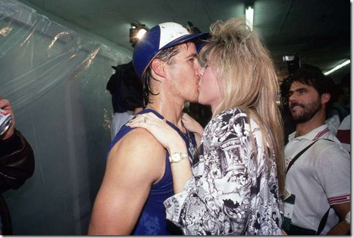 Baseball 1992 World Series Game 6: Toronto Blue Jays  World Series MVP Pat Borders in locker room kissing his wife kathy after def. Atlanta Braves to win championship. Credit: John IaconoSetNumber: X43566 TK6 F15