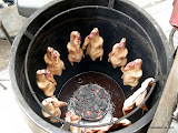 Patito asado. Parece una reunion social alrededor de una estufa, pero no, estan siendo cocinados.