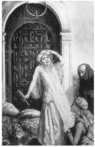 Illustration from a scene in Sax Rohmer's Tales of a Secret Egypt (1919): "She stood there . . . her slim body swaying in a perfect rapture of admiration for her own beauty." 