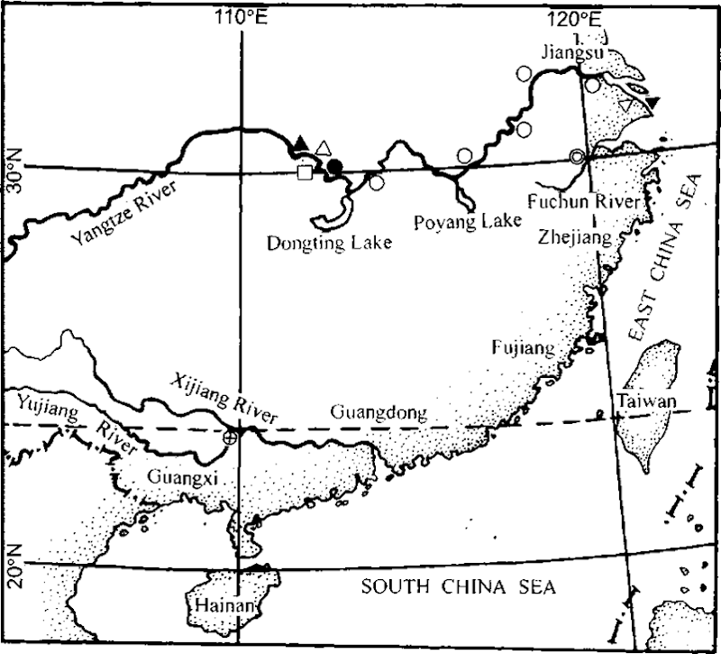 Map of China shotving distribtition of baiji, Lipotes vexillifer, and the fossil Prolipotes yujiangensis. Baiji, L. vexillifer: A, Huanglingmiao and Liantuo, the uppermost records in the 1940s; A, Yichang, the uppermost records in the 1970s; Zicheng, the uppermost records in the 1980s; Shashi, the upstream limit of dist ribution in the 1990s; O, distribution in the 1990s; Yangtze estua ry, the lowest records in the 1950s and 1960s; V, Liuhe, the downstream limit of distribution in the 1990s; and , Tonglu and Fuyang, records in the 1950s in the Fuchun River. P. yujiangenesis: . Guiping, locality where the fossil was found. 