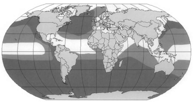 Global distribution of blue whales. Darker gray indicates higher densities.  