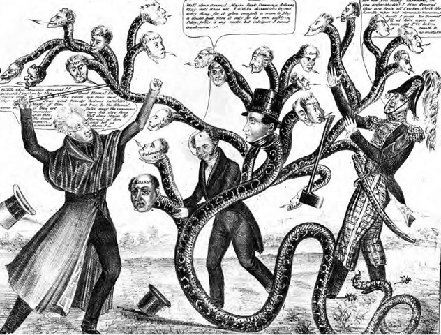 A satire on Andrew Jackson's campaign to destroy the Bank of the United States and its support among state banks. Jackson (on the left), Martin Van Buren, and Jack Downing struggle against a snake with heads representing the states.