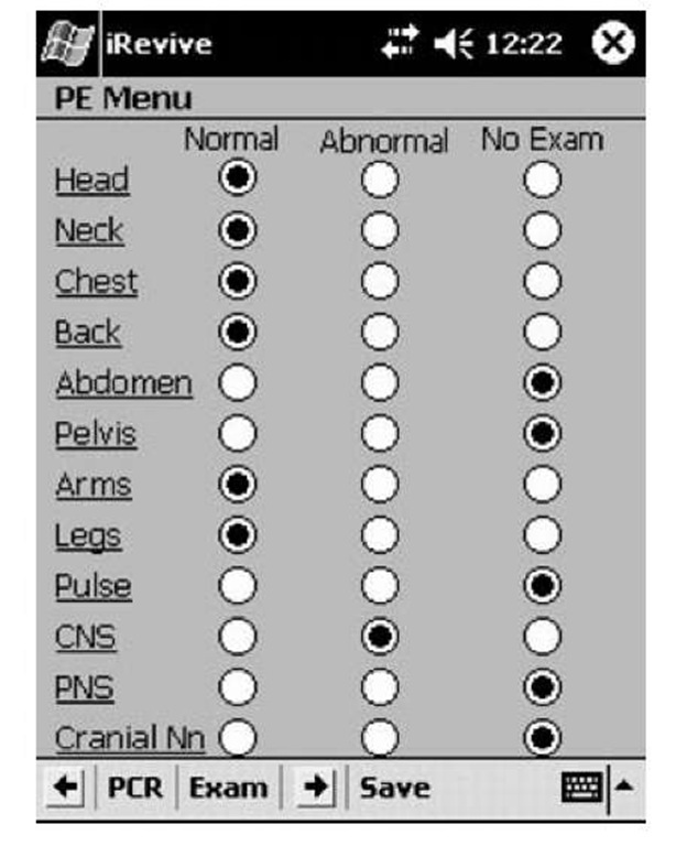 iRevive physical exam main menu. If a normal button is selected, a statement is entered in the PCR indicating a normal exam. If an "abnormal" button is selected, then a detailed exam screen opens (CNS = central nervous system; PNS = peripheral nervous system; Cranial Nn = cranial nerves). 