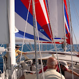 Sailing with 4 sails: mizzen, balooner, main, and Code Zero gennaker