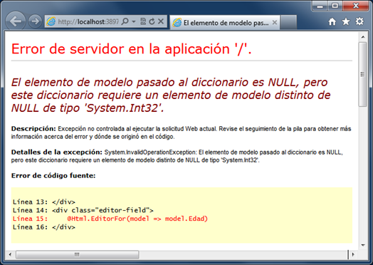 El modelo pasado al diccionario es NULL, pero este diccionario requiere un elemento de modelo distinto de NULL de tipo ‘System.Int32’.