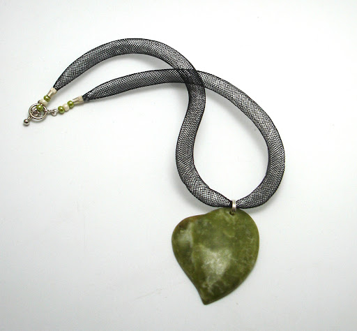 Post Thumbnail of Necklace - Black Mesh, Green Heart