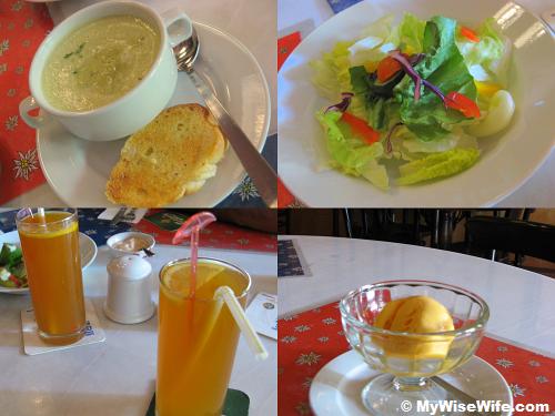 From top left (clock-wise) - Green pea soup, Fresh salad, Mango ice-cream, Ice lemon tea From top left (clock-wise) - Green pea soup, Fresh salad, Mango ice-cream, Ice lemon tea