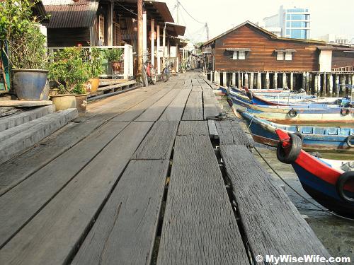 Along wooden pier