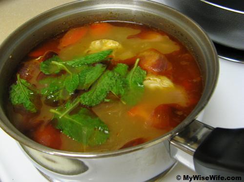 Tomyam Soup with some mint leaves Tomyam Soup with some mint leaves