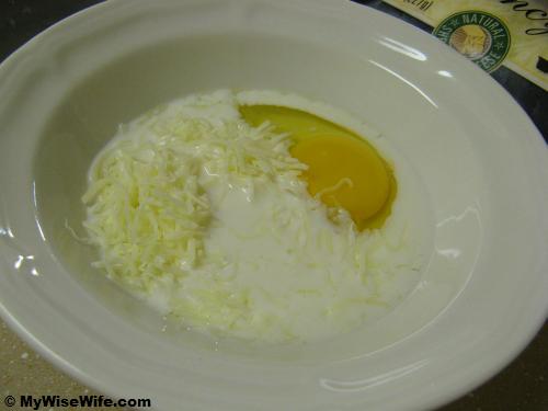 Grab a bowl - egg, cheese and milk Grab a bowl - egg, cheese and milk
