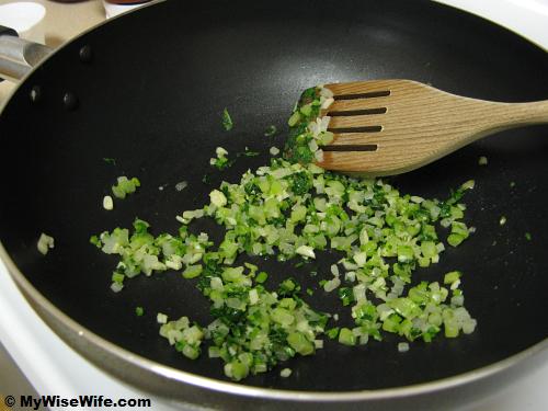 Saute finely chopped garlic, onion, celery Saute finely chopped garlic, onion, celery