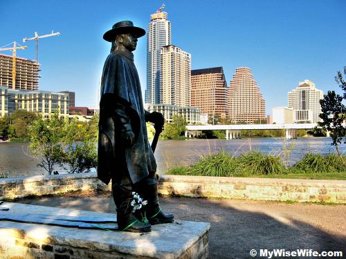 Bronze statue at foreground is Musician Stevie Ray Vaughan Bronze statue at foreground is Musician Stevie Ray Vaughan