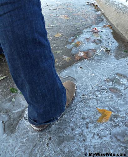 Phew...the ice cracked! I almost slided after landing my foot on icy road