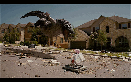 Gif Animado de um Dinossauro Saltando na Frente de uma Criança, em Estereoscopia