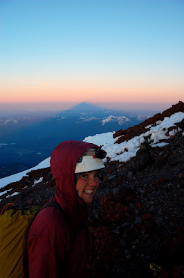Cara on Misery Hill, with Shastas shadow in the background