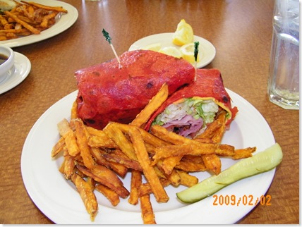 tomato basil club wrap with sweet potato fries at Morgan's
